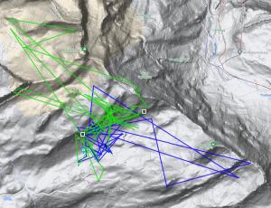 Karte mit den GPS-Daten von Obwaldera (grün), Marco (blau) vom 25. – 27. Juli